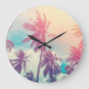 Silhouette palm trees, sunset abstract. large clock