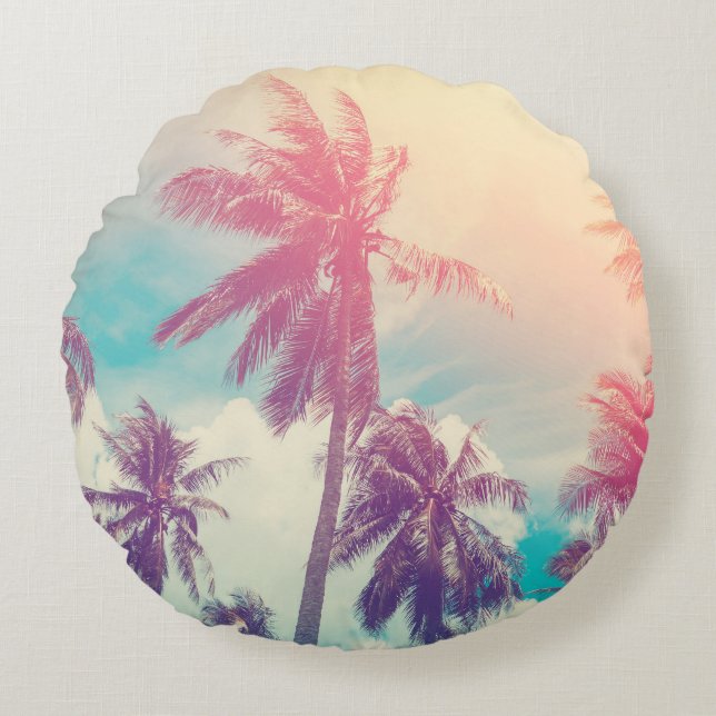 Silhouette palm trees, sunset abstract. round cushion (Front)
