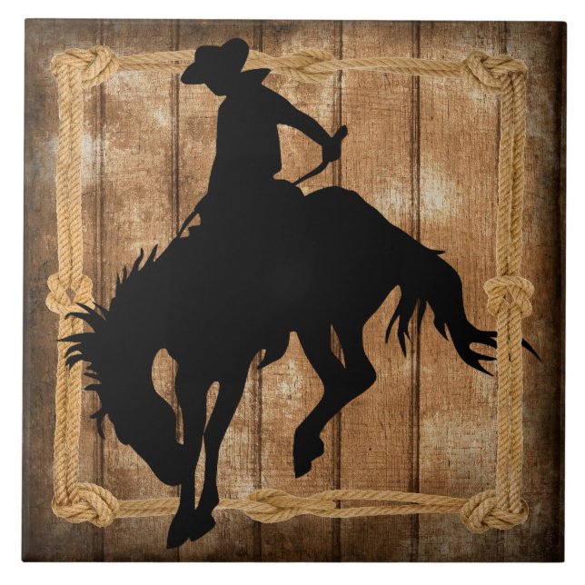 Silhouette Rodeo Cowboy on Bucking Bronco Horse Ceramic Tile (Front)