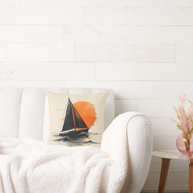 Silhouette Sailboat Sketch With Orange Sun Cushion (Couch)