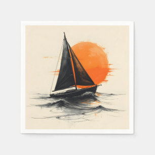 Silhouette Sailboat Sketch With Orange Sun Napkin