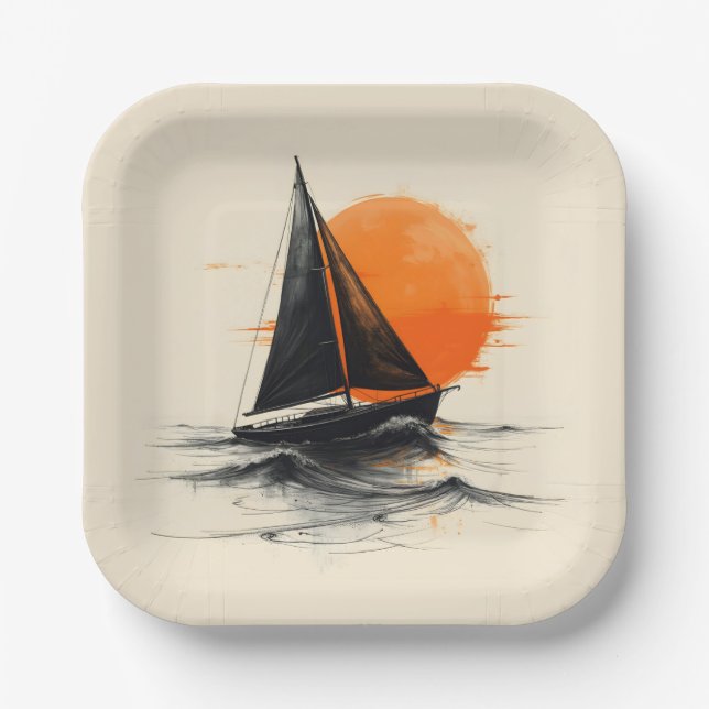 Silhouette Sailboat Sketch With Orange Sun Paper Plate (Front)