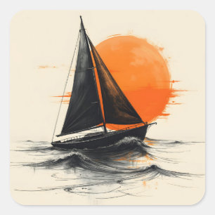 Silhouette Sailboat Sketch With Orange Sun Square Sticker