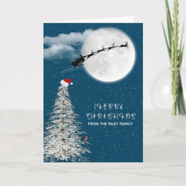 silhouette Santa and reindeer in moonlight Card (Front)