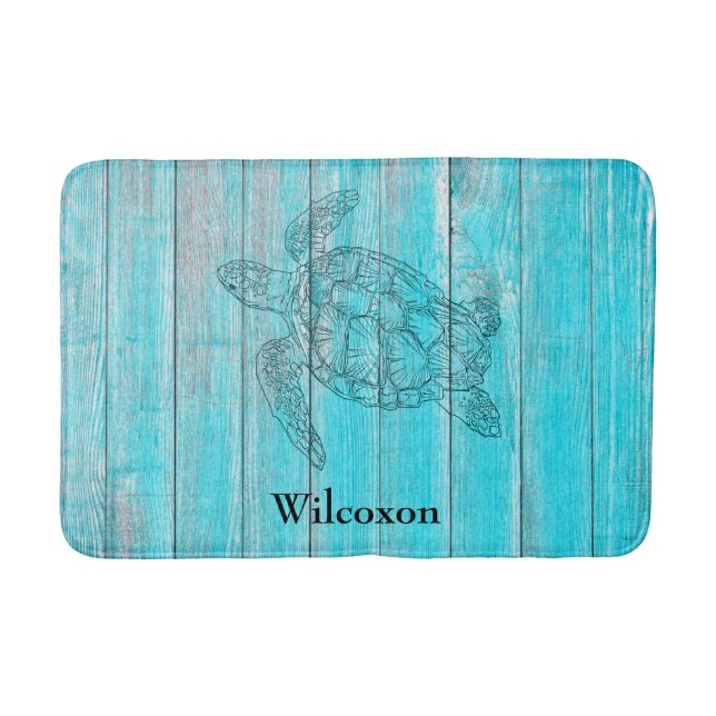 Silhouette Sea Turtle Rustic Teal Wood Bath Mat (Front)