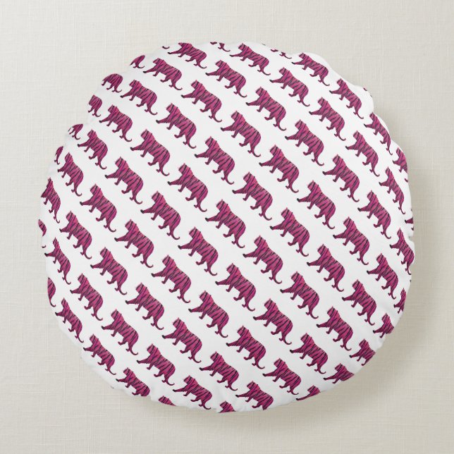 Silhouette Tiger Pink and Black Round Cushion (Front)