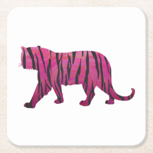 Silhouette Tiger Pink and Black Square Paper Coaster