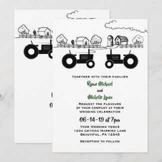Silhouette Tractors and Farm Black - White Wedding Invitation