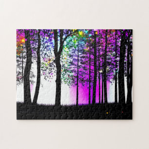 Silhouette Trees in Colourful Forest Background Jigsaw Puzzle