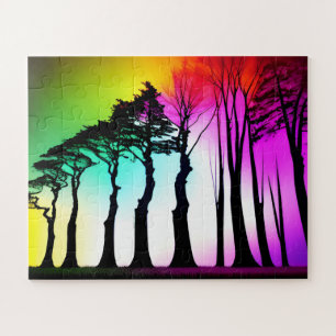 Silhouette Trees Rainbow Vibrant Sky Over Jigsaw Puzzle