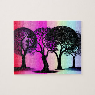 Silhouette Trees with Pastel Rainbow Background Jigsaw Puzzle