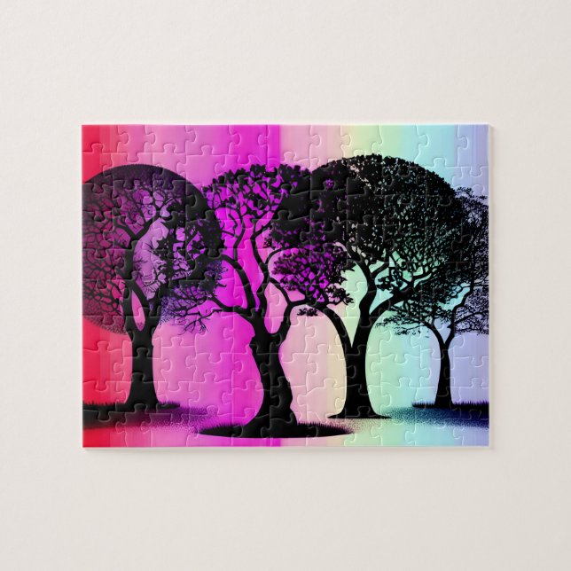 Silhouette Trees with Pastel Rainbow Background Jigsaw Puzzle (Horizontal)