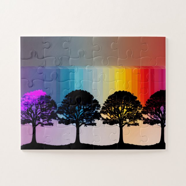 Silhouette Trees with Purple Leaves Rainbow Wall Jigsaw Puzzle (Horizontal)