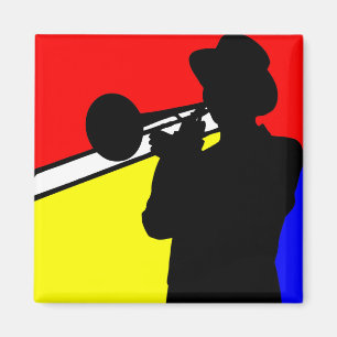 Silhouette trombone player, mondrian style art magnet
