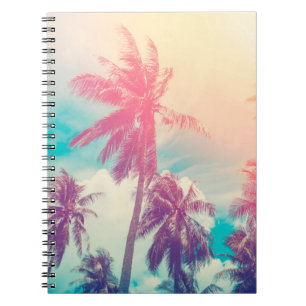 Silhouette tropical palm tree with sun light on su notebook