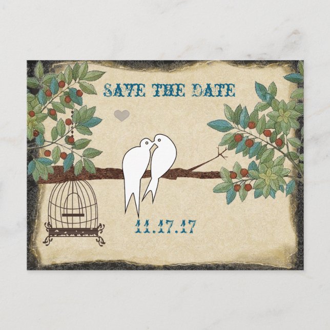 Silhouette Yellow Birds Bird Cage Save the Date Announcement Postcard (Front)