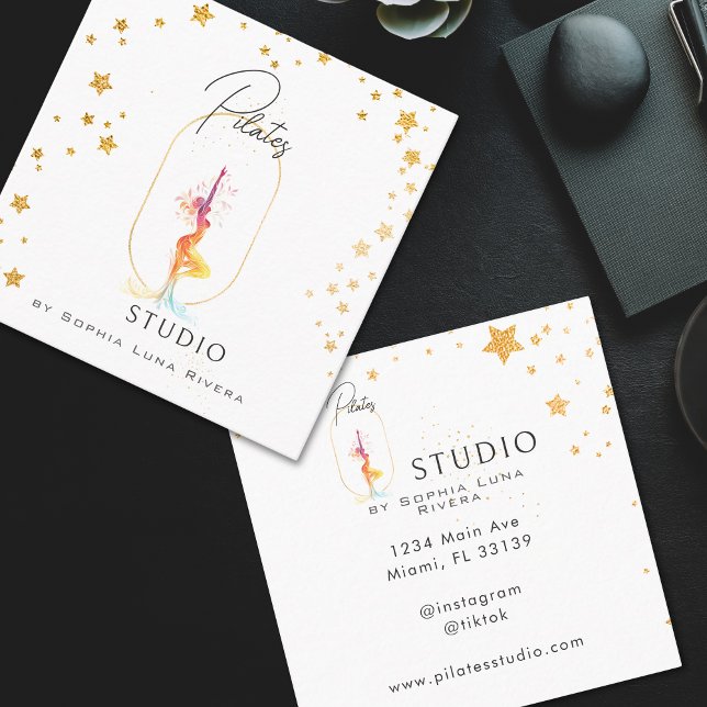 Silhouette Yoga Spa Studio Beauty Gold Stars Square Business Card (Gold Beauty Silhouette Yoga Spa Studio Square Business Card)