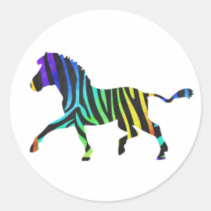 Silhouette Zebra Black and Rainbow Classic Round Sticker