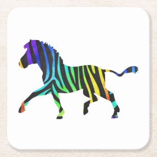 Silhouette Zebra Black and Rainbow Square Paper Coaster