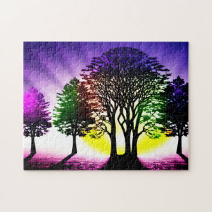 Silhouetted Black Trees with Vibrant Colours Aroun Jigsaw Puzzle