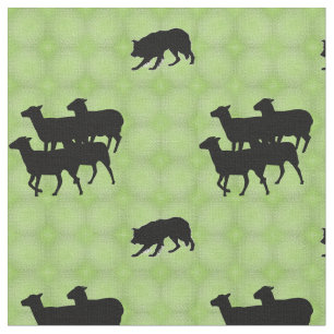 Silhouetted Border Collie Herding Sheep Fabric