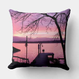 Silhouetted Couple on Dock with Pink Sunset Sky Cushion