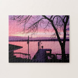 Silhouetted Couple on Dock with Pink Sunset Sky Jigsaw Puzzle
