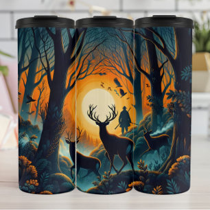 Silhouetted Deer Hunter in Sunset Woods. Thermal Tumbler