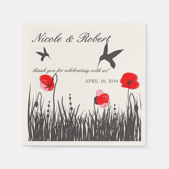 Silhouetted Hummingbirds & Red Poppies Custom Napkin (Front)