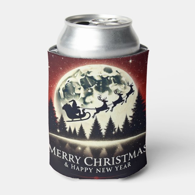 Silhouetted Santa and Reindeer Flying Can Cooler (Can Front)
