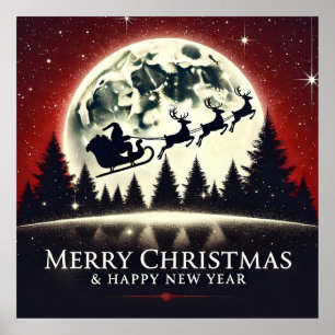 Silhouetted Santa and Reindeer Flying Poster