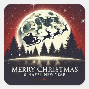 Silhouetted Santa and Reindeer Flying Square Sticker