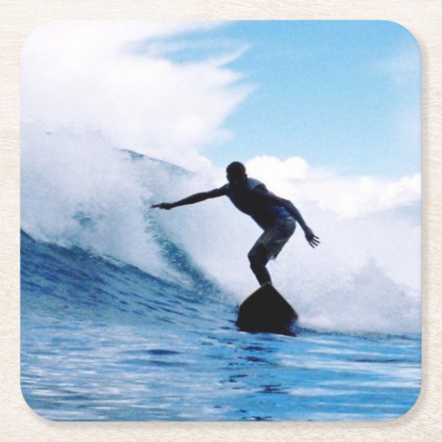 Silhouetted Surfer Square Paper Coaster (Front)