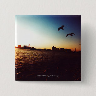 Silhouetted Tokyo Bay skyline at sunset 15 Cm Square Badge