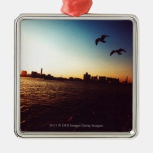 Silhouetted Tokyo Bay skyline at sunset Metal Ornament