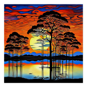 Silhouetted trees at Sunset 1 Poster