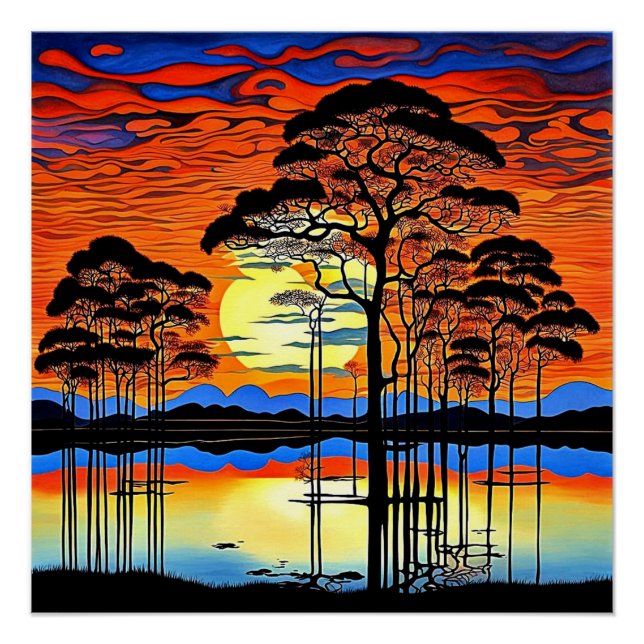 Silhouetted trees at Sunset 1 Poster (Front)