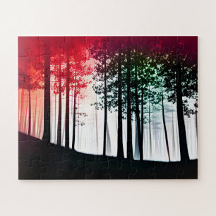 Silhouetted Trees in a Foggy Forest Red Mist Jigsaw Puzzle