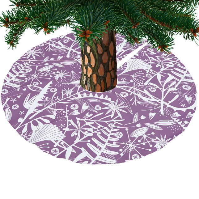 Silhouettes Botanical Floral Purple and White Brushed Polyester Tree Skirt (Purple and white botanical leaves festive Christmas tree skirt)