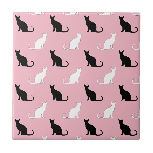 Silhouettes Of Black and White Cats On Pink Ceramic Tile (Front)