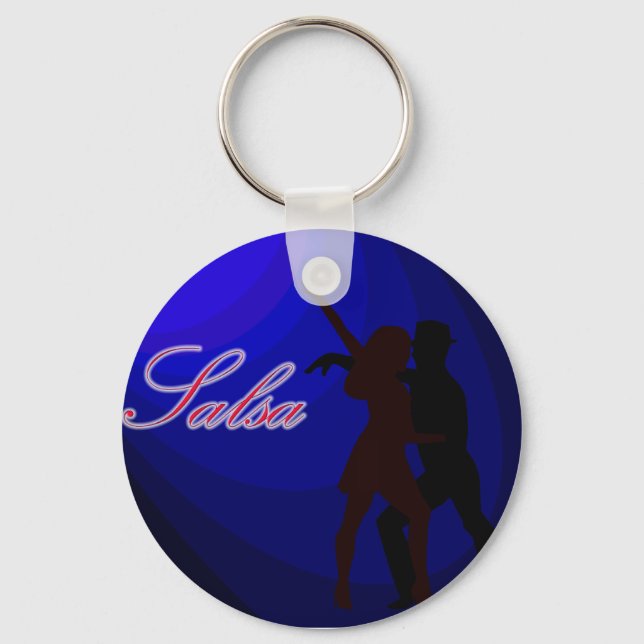 Silhouettes of Salsa dancers with blue background Key Ring (Front)