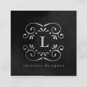Silk black silver faux foil flourish monogram square business card