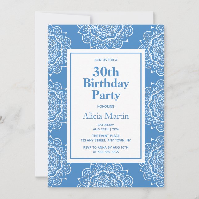 Silk Blue & White Mandala Flower 30th Birthday Invitation (Front)