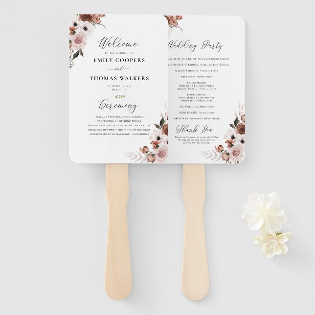 Silk Floral Wedding Program Hand Fan (Front and Back)