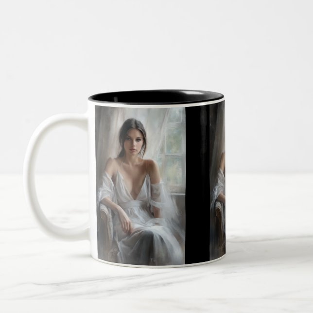 Silk & Light: Window Portrait Two-Tone Coffee Mug (Left)
