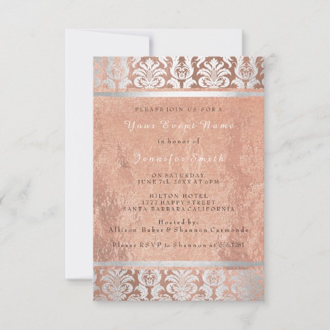 Silk Rose Gold Copper Silver Damask Bridal 16th Invitation (Front)