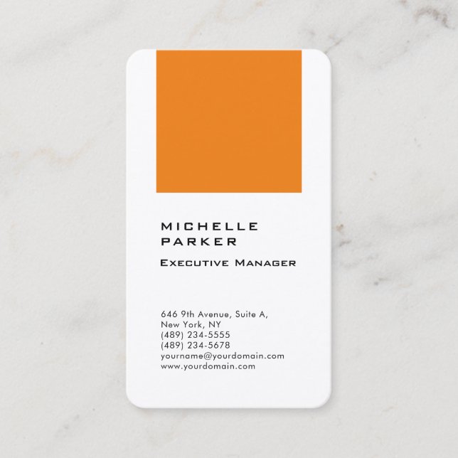 Silk vertical elegant unique modern orange white business card (Front)