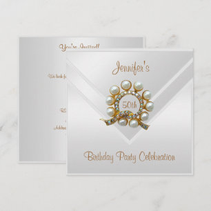 Silk White 50th Birthday Party Gold Pearl Jewel Invitation