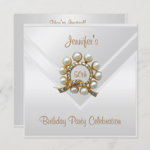 Silk White 50th Birthday Party Gold Pearl Jewel Invitation