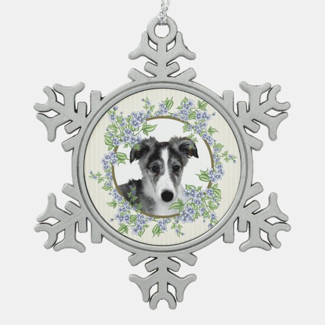 Silken Windhound Puppy Perfect Snowflake Pewter Christmas Ornament (Front)